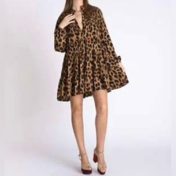Muche Muchette Rina Leopard Print Tiered Mini Dress One Size Flowy Summer EUC - Picture 1 of 10